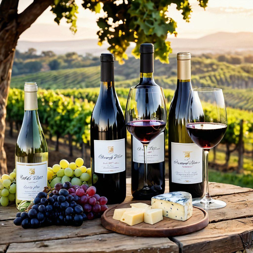 A beautifully arranged table featuring an assortment of fine wines in elegant glasses: a bottle of rich red wine, a crisp white wine, and sparkling wine with bubbles. Surrounding are lush grapevines and a rustic vineyard background, all under soft, warm lighting that enhances the elegance. Include elements like cheese and assorted fruits to evoke a sense of gourmet indulgence. super-realistic. vibrant colors. elegant ambiance.