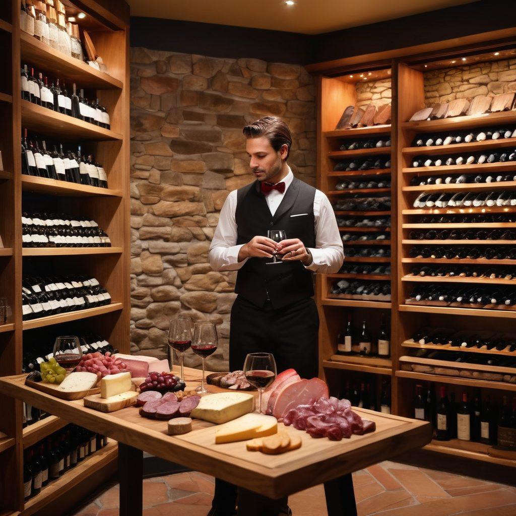 A sophisticated sommelier standing in an elegant wine cellar, contemplating a variety of wine bottles on wooden racks. In the foreground, an exquisite cheese and charcuterie board is artfully arranged, paired with wine glasses filled with rich red and sparkling white wines. Soft, ambient lighting creates a cozy atmosphere, emphasizing the rich colors of the wine and the opulence of the cellar. Elegant wine-themed decor and a backdrop of grapevines subtly enhance the setting. super-realistic. warm tones. elegant ambiance.