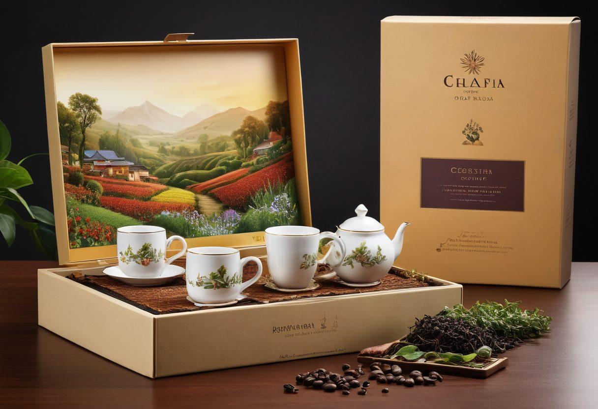 An elegant scene featuring a diverse array of organic tea and coffee selections from around the world, beautifully presented in premium packaging. Include cultural elements from different countries such as traditional cups and teapots alongside vibrant plants and herbs. Showcase a warm inviting atmosphere with soft lighting and a cozy setting, reflecting the essence of global flavors. super-realistic. rich colors. warm tones.